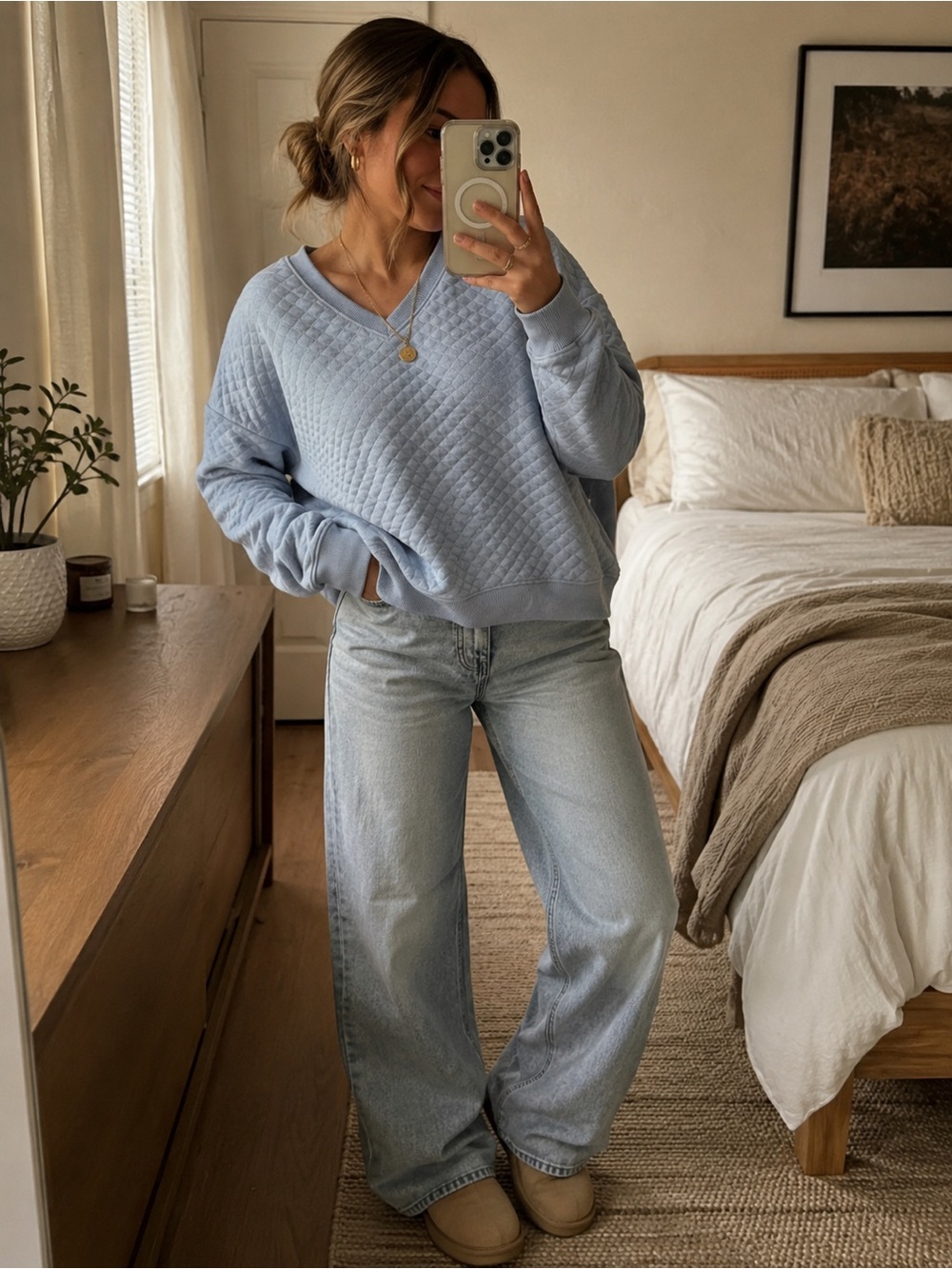 Lands’ End Quilted V Neck Sweatshirt Light Blue Pullover XXL
